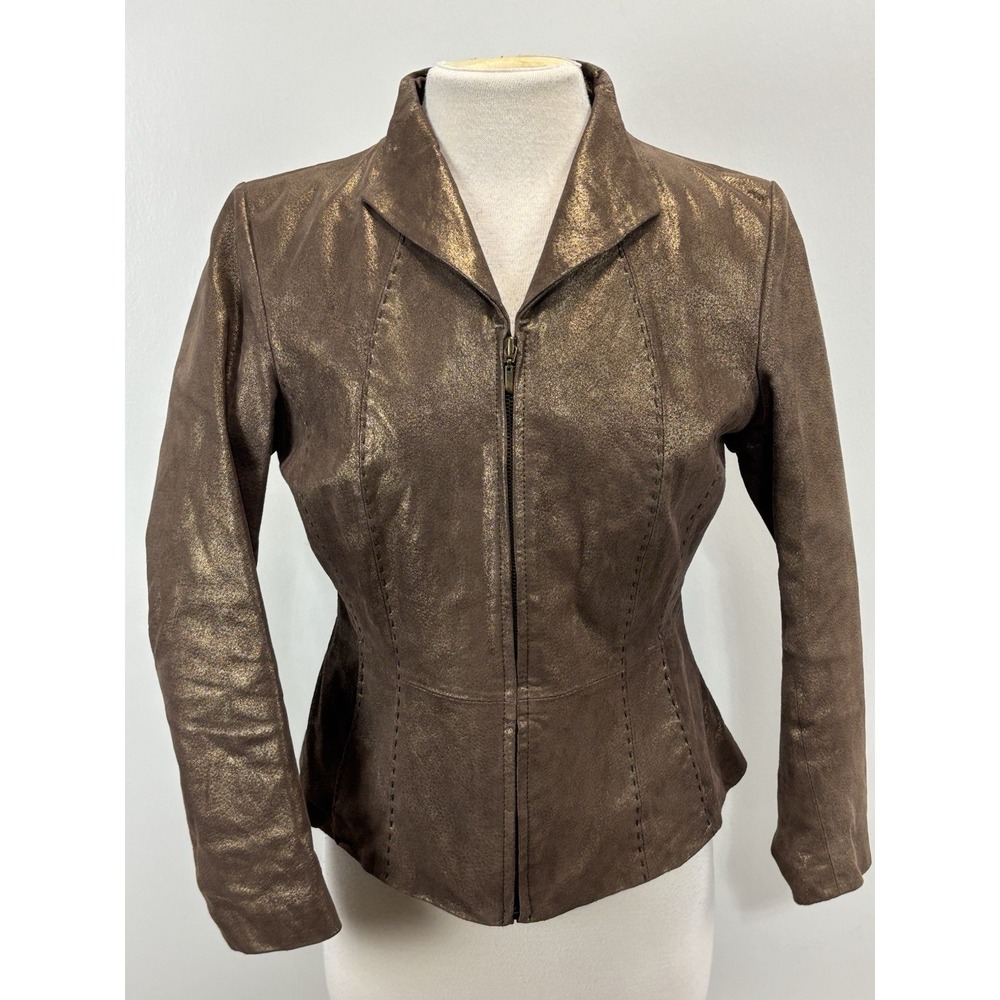 Coldwater Creek Metallic Bronze Leather Jacket Coat Women's Sp Petite Fitted Y2K